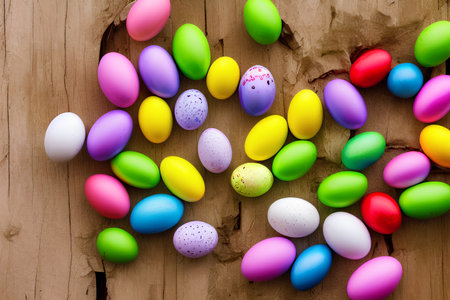 Colorful Easter eggs on rustic wooden background with copy space.の写真素材
