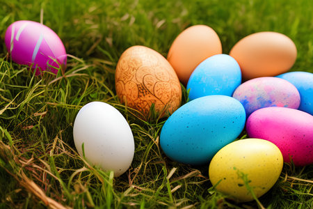 Colorful easter eggs on green grass. Happy easter!の写真素材
