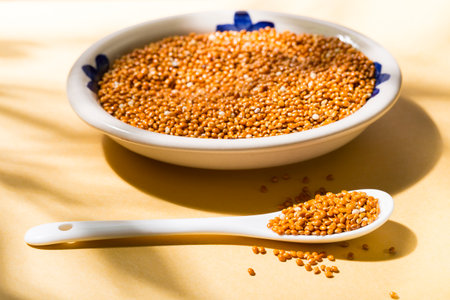 healthy grains of red millet served in a plate on yellow backgroundの写真素材