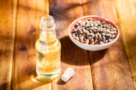 castor seeds and oil, on wooden surface, royalty freeの写真素材