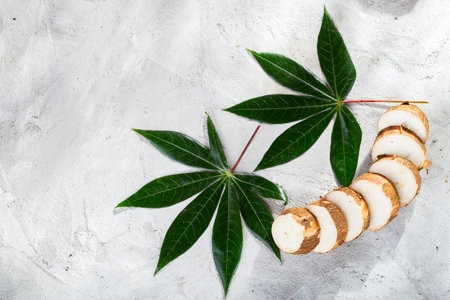 cassava pile, on white background (Manihot esculenta)の写真素材