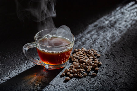 espresso cup on black background, Colombian coffeeの写真素材