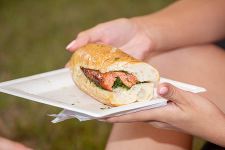 Woman's hands holding a chorizo sandwichの写真素材