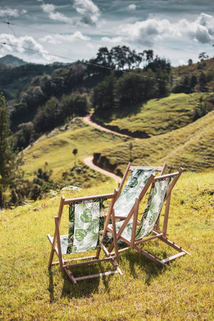Wooden chairs, with plant fabrics, in the green mountains.の写真素材