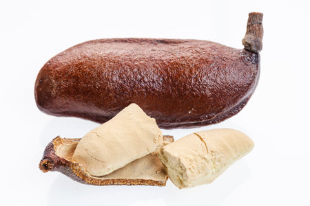 Carob, guapinol (Hymenaea courbaril), a very popular fruit in Colombia, isolated on a white backgroundの写真素材