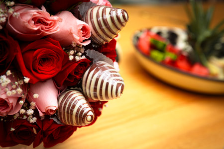 A closeup of a bouquet of red and pink roses with chocolate covered strawberries, some white babies' breath, and a blurry background of a plate of fruits.の写真素材