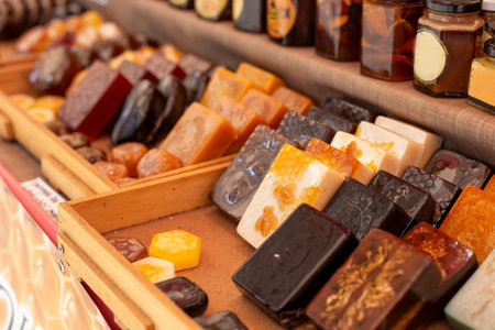 Artisan soap group on the shelves of the fairの写真素材