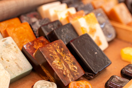 Artisan soap group on the shelves of the fairの写真素材