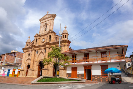 View of the Church of Our Lady of Sorrows, in the main park of EntrerrÃ­os, Antioquia, Colombiaの写真素材