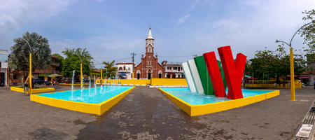 Panoramic view of the main park of Puerto Berrio, Antioquia, Colombiaの写真素材