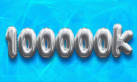 Number of One Hundred Thousand in Silver Balloons on a Blue Backgroundの写真素材