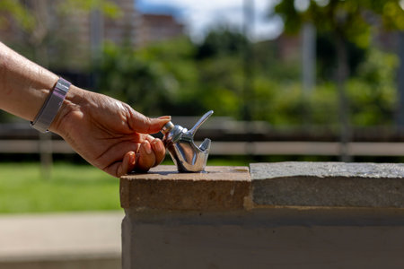 A close-up image of a person's hand pressing the button of a public drinking fountain, with a clear stream of water arching into the air. The background shows a lush, green park setting, highlighting themes of hydration, public amenities, outdoor health, and environmental awareness.の写真素材