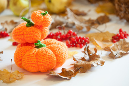 Knitted amigurumi pumpkins and bats on Halloweenの写真素材