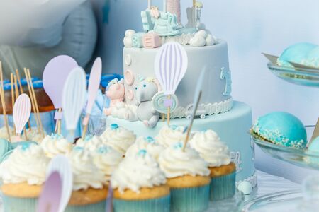 Cake, marshmallows, cake, cookies. sweet table on the first birthday of the childの写真素材