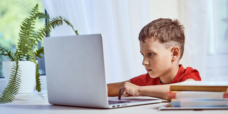 child is looking for information on the Internet through a laptop. self-study at home, doing homework. Intently reading the information on the Internet. boy sits at a table with books and a computerの写真素材