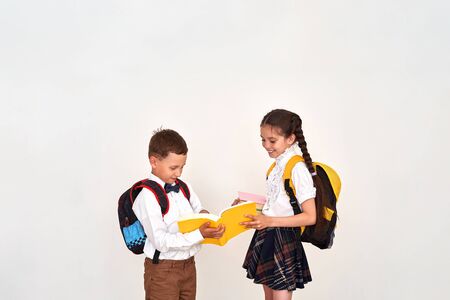 children boy and girl students communicate at school. the girl helps the boy to disassemble the...
