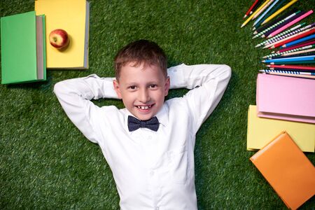 From above a boy with notebooks lies on the grass and smiles. the student is with textbooks and...