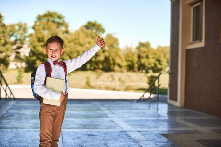 the child goes to school. the boy in the morning, goes to school. portrait of a happy child with a briefcase on his back. concept student goes to school and waving goodbye. free text, copy space.の写真素材