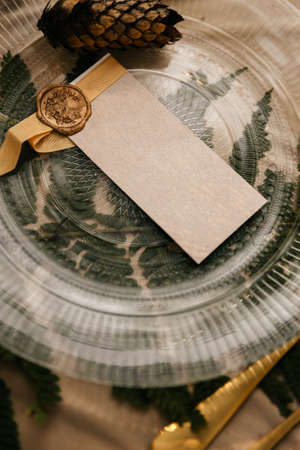 Decor on the festive table, rustic style, decorations on the tables. ... High quality photoの写真素材