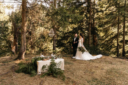 Beautiful loving couple of newlyweds in the forest, wedding in nature. High quality photoの写真素材