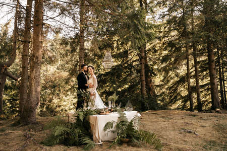 Newlyweds hug in the forest, forest wedding, a holiday in nature. High quality photoの写真素材