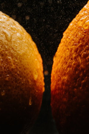 Fresh orange and grapefruit on a black background close-up with splashes of water. High quality photoの写真素材