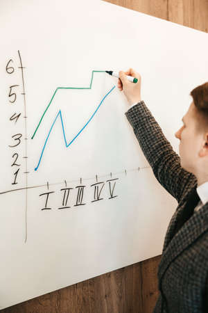 Businessman draws a diagram with a marker on a white board. Business strategy plan for the growth of...