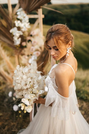 Young beautiful blonde bride in a wedding dress. high quality photoの写真素材