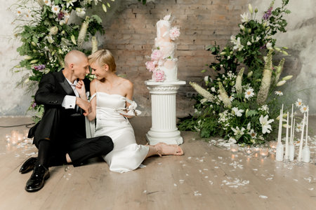 Young couple in love cutting their beautiful wedding cakeの写真素材