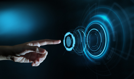 Fingerprint scan provides security access with biometrics identification. Business Technology Safety...