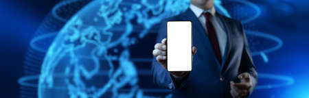 Man holding and using smartphone on digital background. Technology internet and business concept