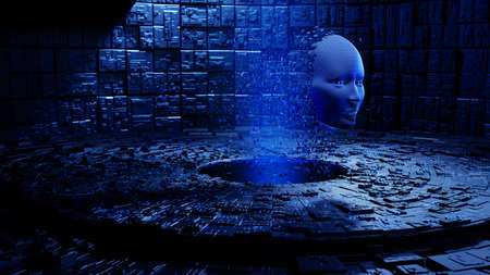 Digital human face. Artificial intelligence AI. Dispersion dissolve disintegration. 3d Render illustrationの写真素材
