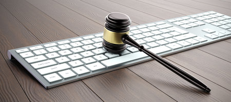 Digital Law Legal System Justice Crime concept. Mallet Gavel on keyboard. 3d Render illustration