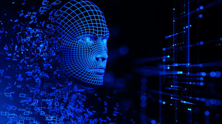 Digital human face. Artificial intelligence AI. Dispersion dissolve disintegration