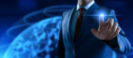 The businessman presses a button on the virtual screen. A man pointing at a futuristic interface. Innovative Internet technology and business concept. Empty space. Template for textの写真素材