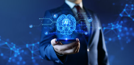 AI - Artificial Intelligence Concept. A businessman holds a smartphone with a hologram of a human...