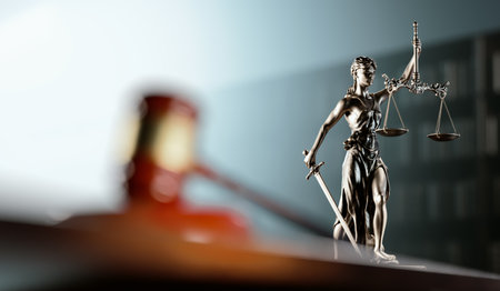 Legal Concept: Themis is the goddess of justice and the judges gavel hammer as a symbol of law and order on the background of booksの写真素材