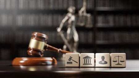 Legal Concept: Themis is the goddess of justice and the judges gavel hammer as a symbol of law and order and wooden cubes with iconの写真素材