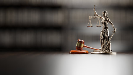 Legal Concept: Themis is the goddess of justice and the judges gavel hammer as a symbol of law and order on the background of booksの写真素材