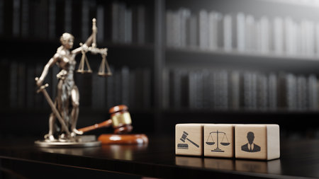 Legal Concept: Themis is the goddess of justice and the judges gavel hammer as a symbol of law and order and wooden cubes with iconの写真素材