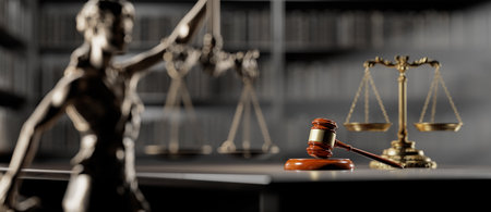 Legal, Lawyer Concept. Symbols of Law: Scales, Gavel Hammer and Themis
