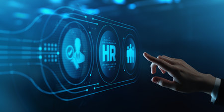 Human Hand Touching Futuristic Virtual Screen with HR icon. Human Resources management Recruitment Employment Headhunting Conceptの写真素材