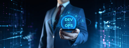 Businessman holding smartphone with Dev Ops Development Operations icons on screen