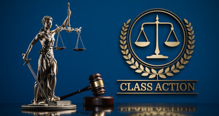 Class Action: Themis and judges gavel in the background of a golden icon with scales and text