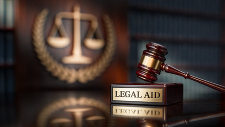 Legal AID: Judges Gavel as a symbol of legal system and wooden stand with text wordの写真素材