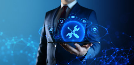 Businessman Holding tablet with Technical Support Icons on Screen. Customer Service and Support...