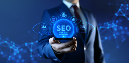 Businessman holding smartphone with Search Engine Optimization SEO icons on screen - Digital Marketing Conceptの写真素材