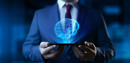 Businessman Holding Smartphone Phone with Human Brain Hologram - Futuristic Concept of Intelligence,...