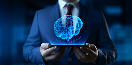 Businessman Holding Smartphone Phone with Human Brain Hologram - Futuristic Concept of Intelligence, science and mindの写真素材