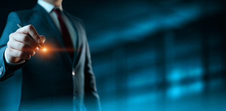 The businessman touch virtual screen. Man presses virtual button. Business Technology Conceptの写真素材